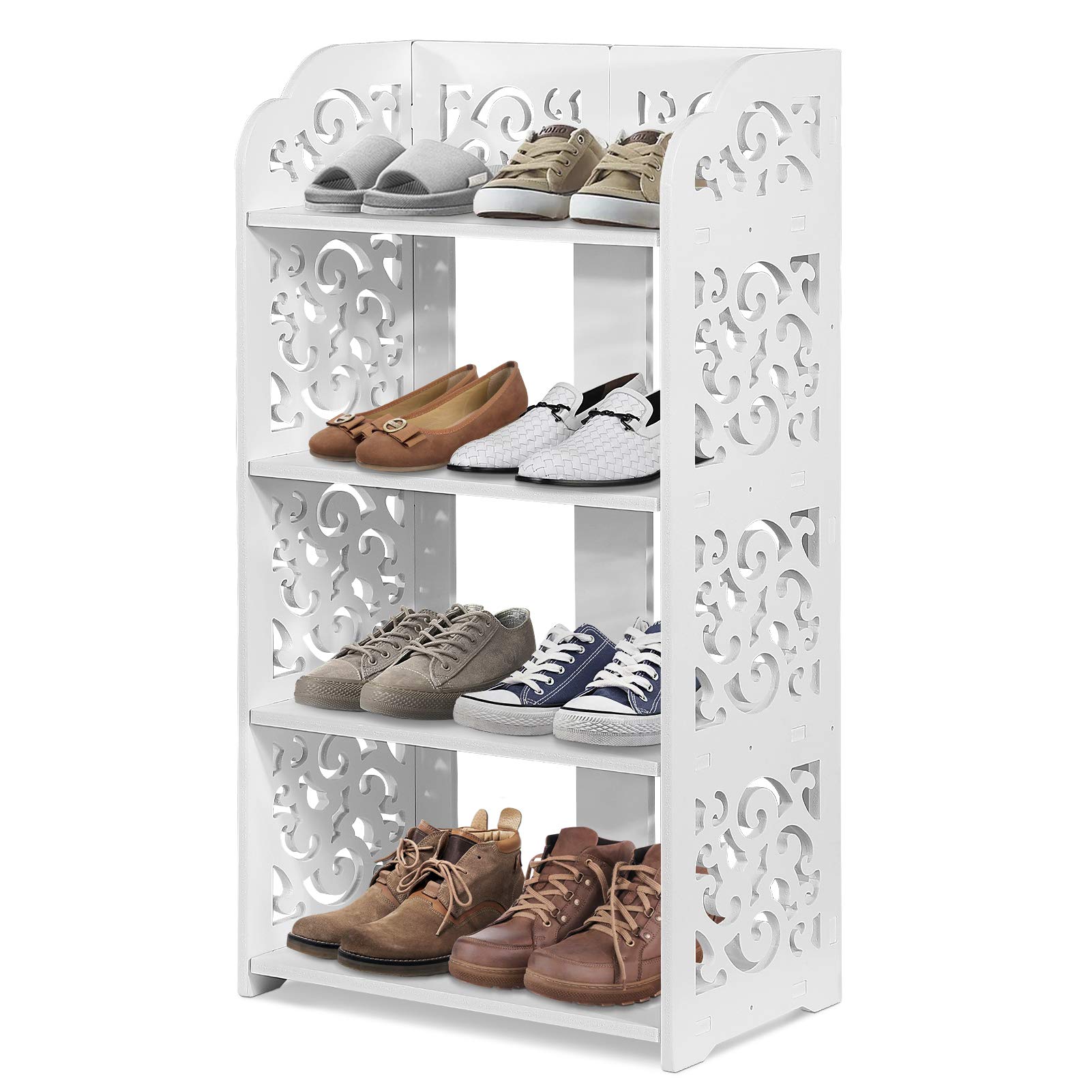 Ejoyous Shoes Rack, Wood Plastic Modern Shoe Storage Organizer Space Saving Standing Shoes Tower Shelves Holder Closets Stand (4 Tier)
