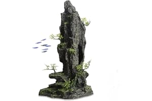 MC MEICHUANG Aquarium Decor Mountain View Rock Cave Fish Tank Stone Ornament Landscape Decoration with Small Plants for Small Fish Shrimp Play,14.4" High