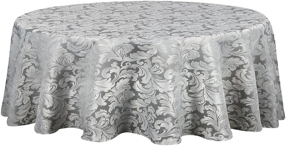 ColorBird Scroll Damask Jacquard Tablecloth Polyester Fabric Water Resistant Spillproof Table Cover for Kitchen Dinning Wedding Banquet Party Tabletop Use (Round, 70 Inch, Silver Gray)