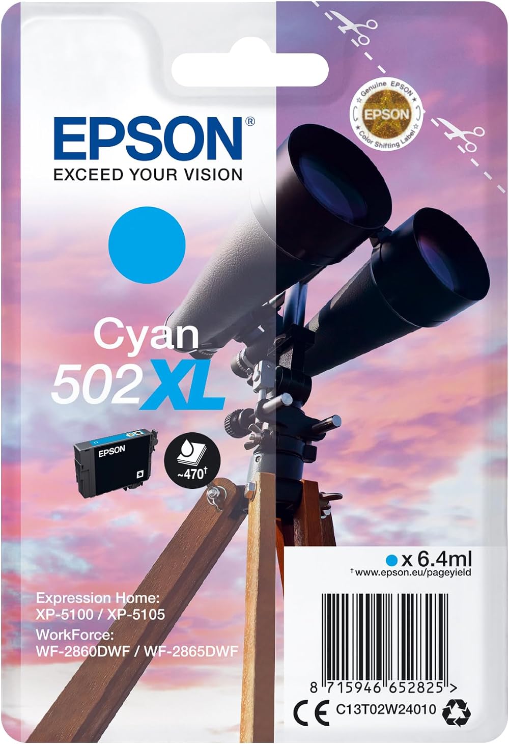 Epson 502XL Cyan High Yield Ink Cartridge for XP-5100 XP-5105 WF-2860 WF-2865