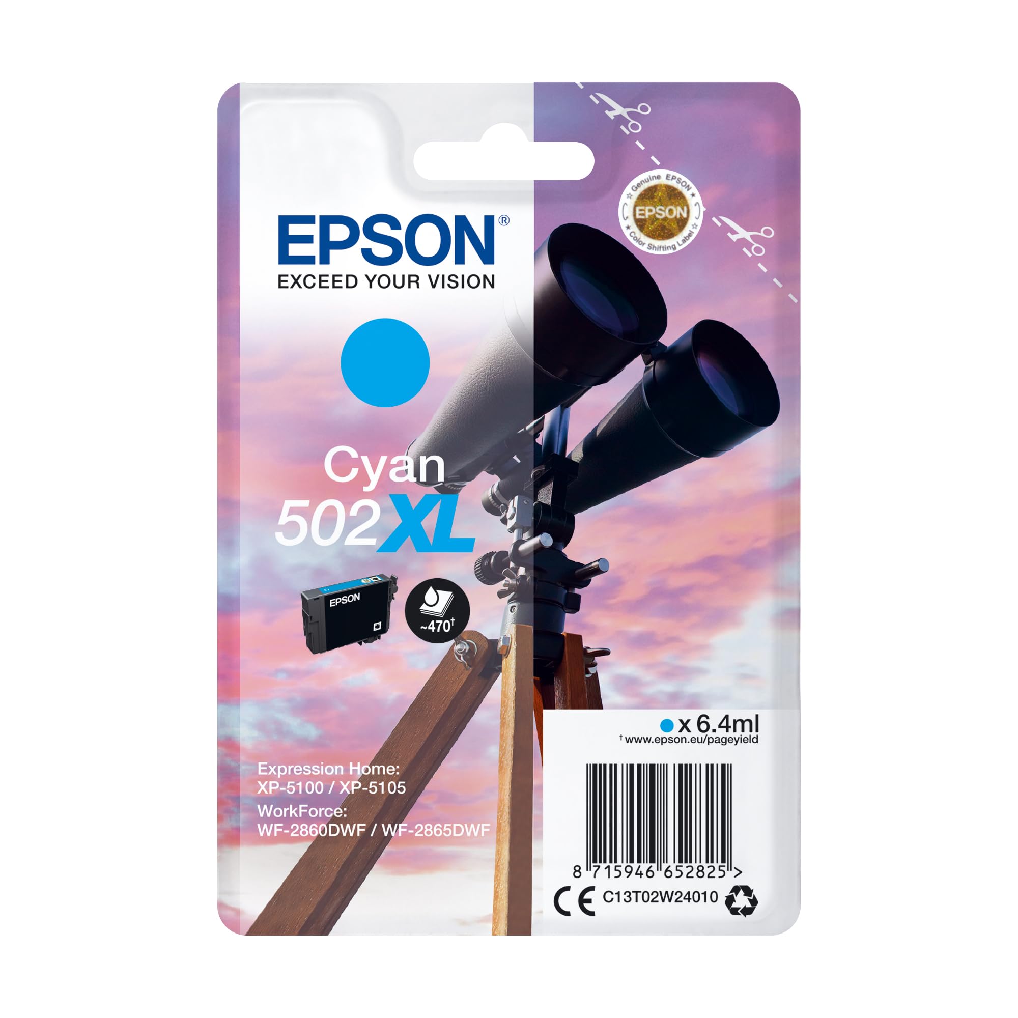 Epson 502XL Cyan Binoculars, High Yield Genuine Ink Cartridge