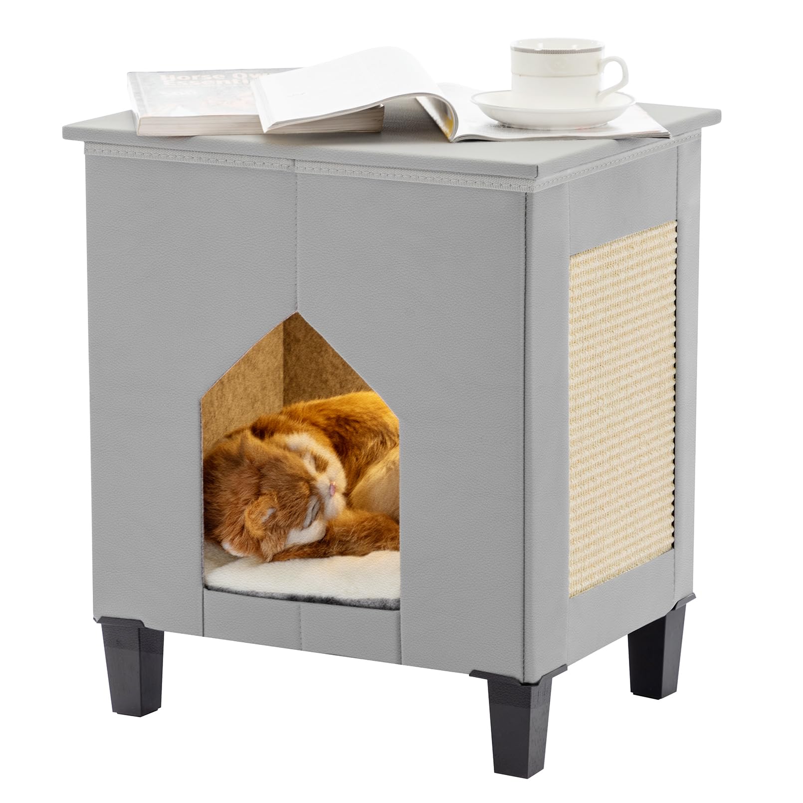 Photo 1 of NUROMY Cat House for Indoor Cats Condo,Cat Furniture with Large Area Cat Scratch Pad Cat Hideaway Cave,Leather Cat Bed Side Table & Nightstand for Living Room and Bedroom Decoration,Grey