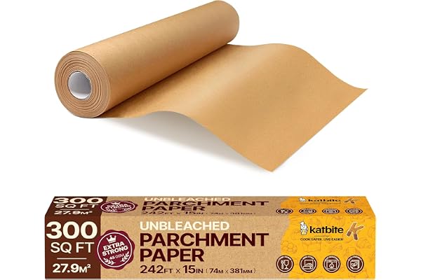 Katbite 15in x 242ft, 300 Sq.Ft Unbleached Parchment Paper Roll for Baking, Extra Strong Baking Paper with Serrated Cutter, N
