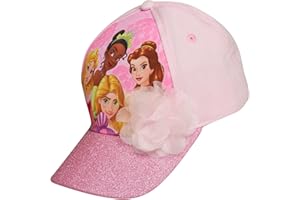 Disney Girls Princess Glitter Baseball Cap - Frozen Elsa, Anna, Cinderella, Belle, Ariel (2-7)