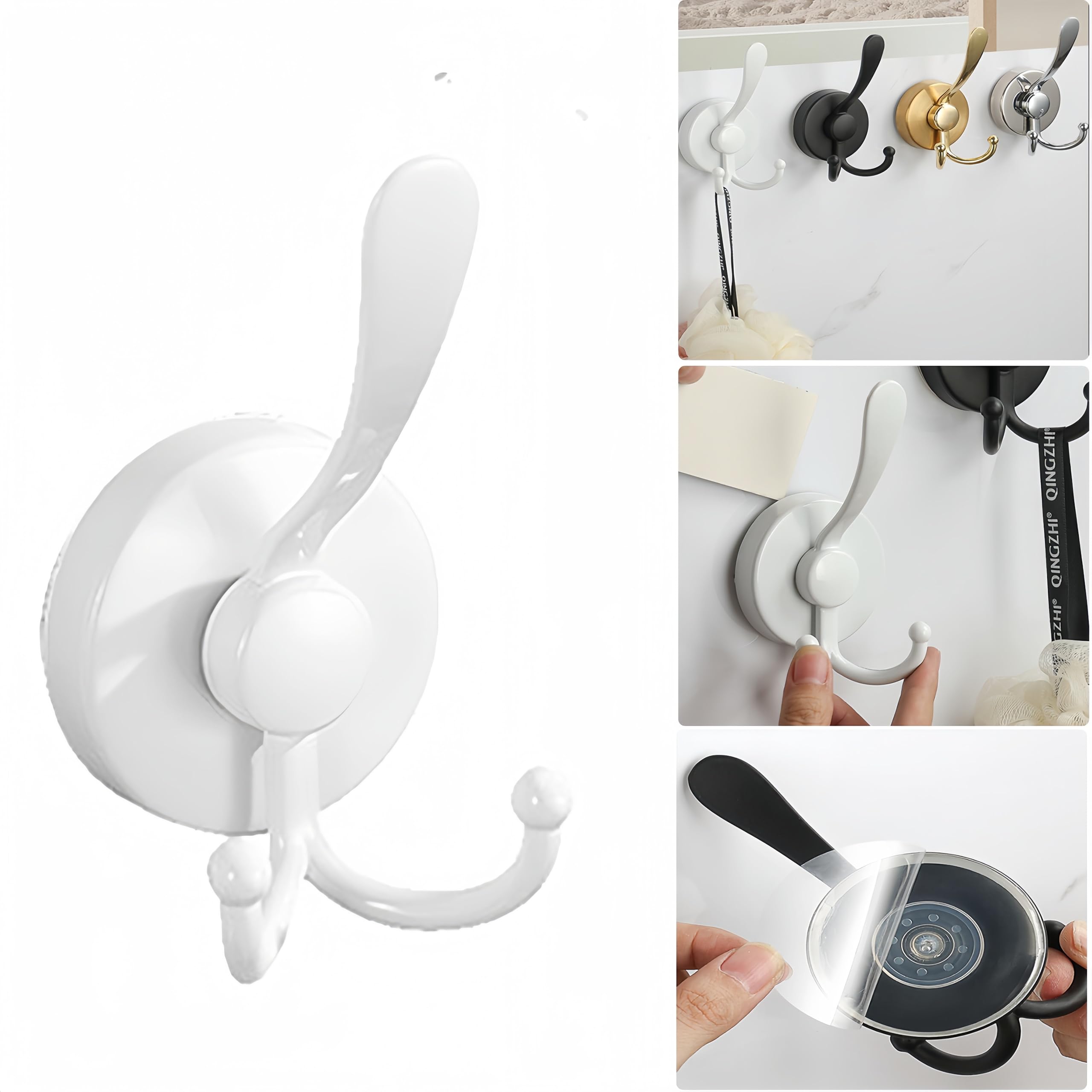 Boxonly No-Drill Suction Cup Duck Tongue Twin Hooks,2024 Upgraded Stainless Steel Waterproof Hooks for Bathroom,Shower,Kitchen,and Mirrors–Heavy Duty Towel Holders (White)