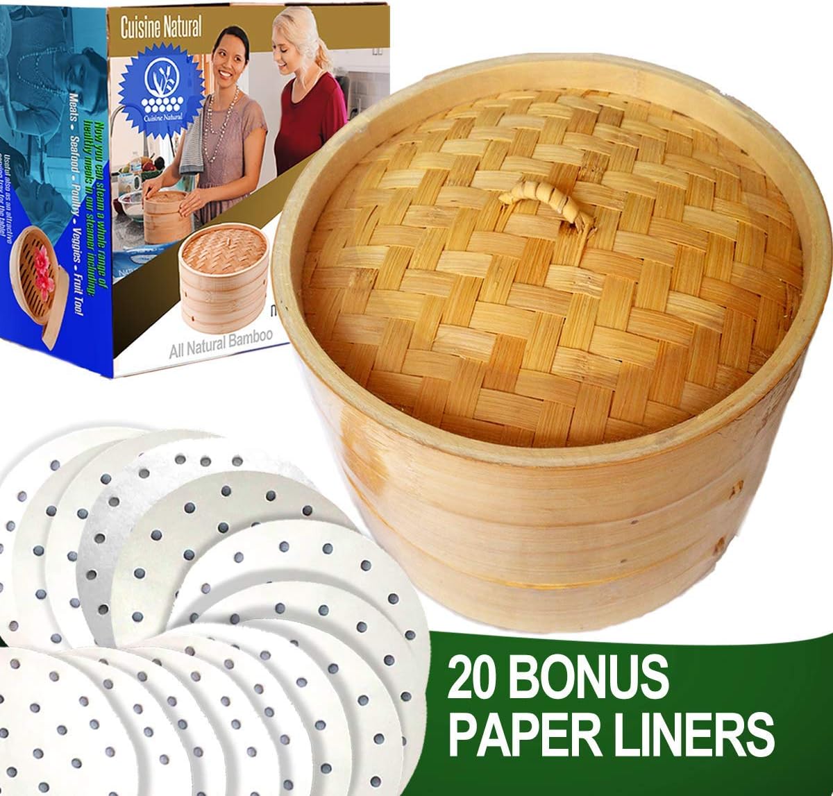 10" Bamboo Steamer/ 2 Tiers & Lid by Cuisine Natural -Incl. 20 Bonus Liner Papers | Made w/ Non Toxic Glue | Dim Sum, Meat & Dumpling Steam Cooker Set | Great For Rice, Crab & Veggies (Renewed)