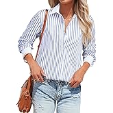 Striped Button Down Shirts for Women Cotton Dress Shirt Oversized Button Up Collared Blouse Tops Business Office Attire