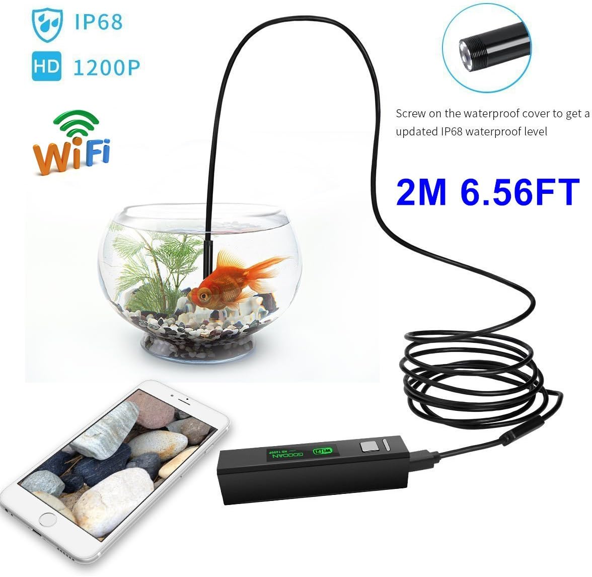 CACHOR Wireless Endoscope for IOS Android Smart Phone PC WIFI Borescope with 1200P HD IP68 Waterproof Camera Semi-rigid Snake flexible Cable for Inspection Motor Engine/Sewer/Pipe/Vehicle -Black 2M 6.56FT
