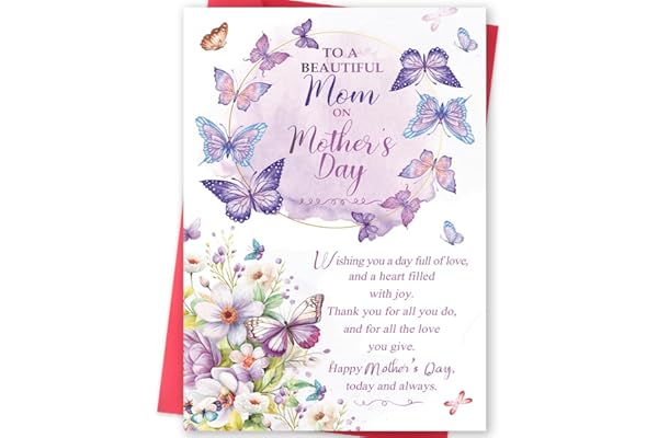 MOROLURU Mother's Day Card for Mom, Happy Mother's Day Mom Gift, Floral Butterfly Greeting Card for a Beautiful Mother