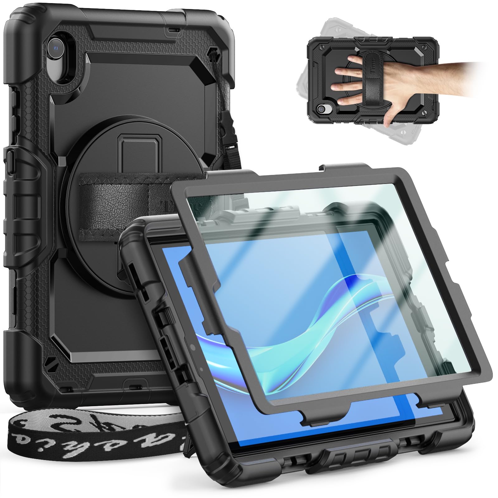 Timecity Case ONLY for Lenovo Tab M8 HD/FHD 8.0" 2019(2nd Gen),Full-body Protective Shockproof Cover with Screen Protector,360° Rotating Stand,Hand/Shoulder Strap for Lenovo M8 8.0 Inch,Black