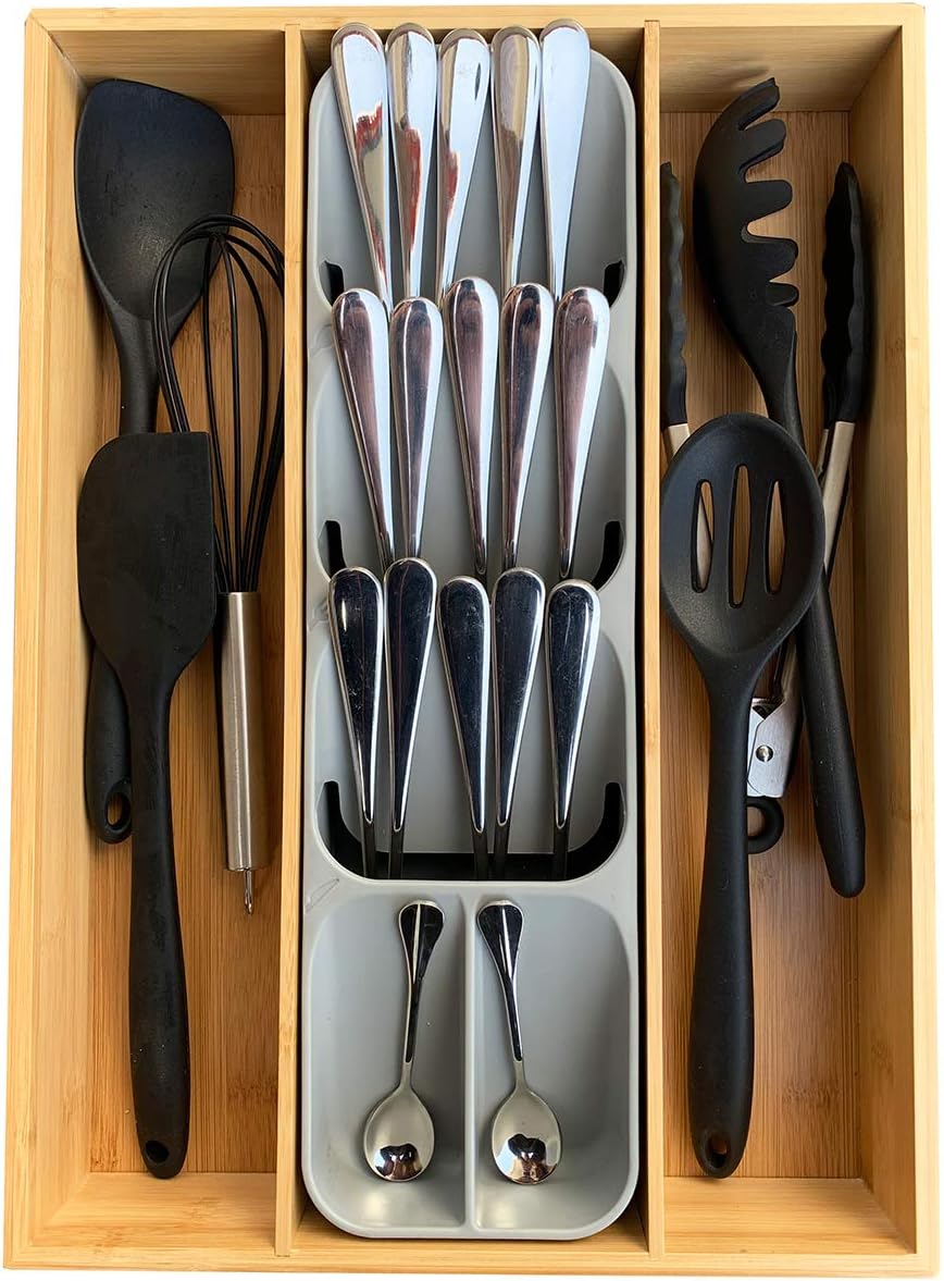 Simhoo Bamboo Kitchen Silverware Drawer Organizer/Utensil and Cutlery Tray/Flatware Divider Oranization