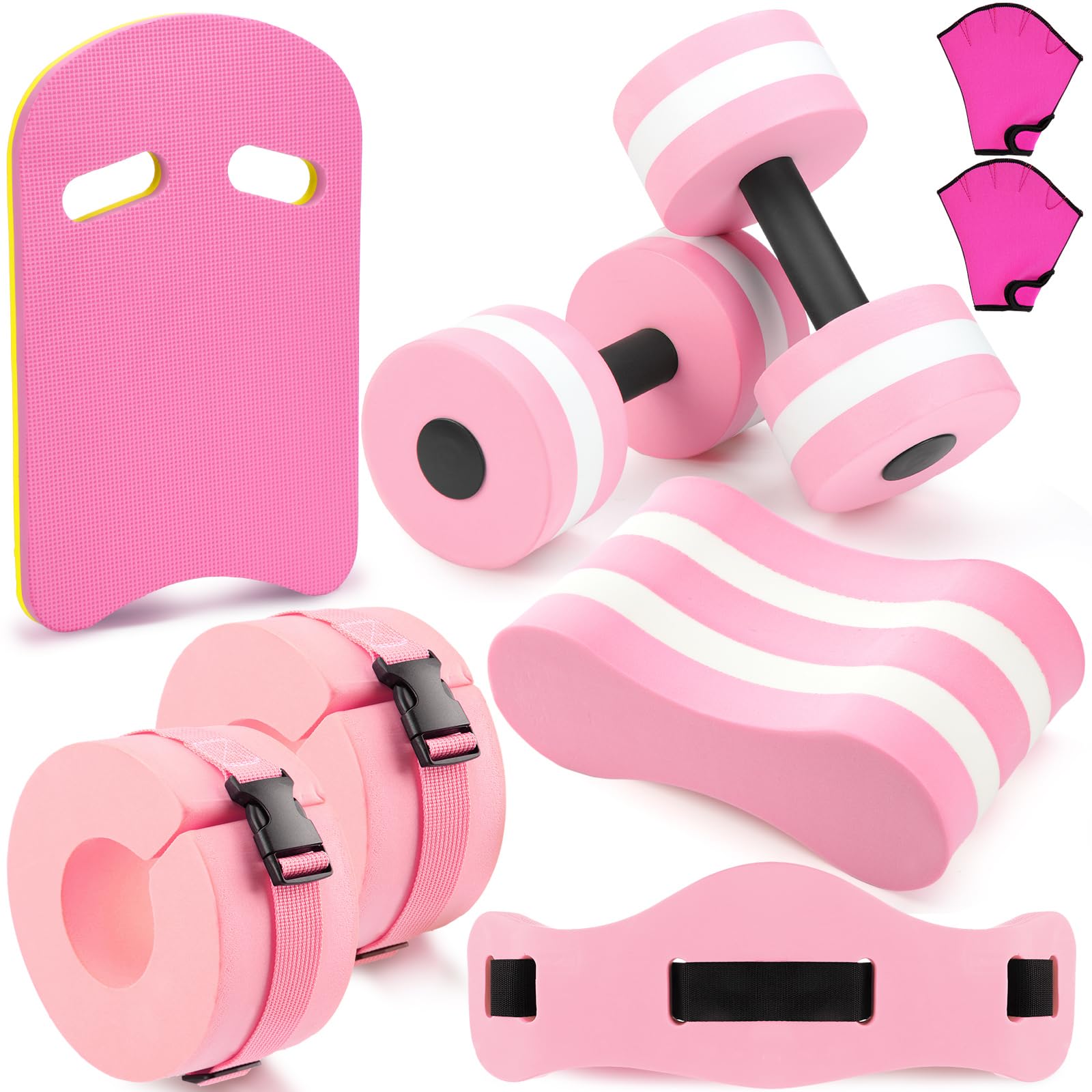 Photo 1 of Sonwyoung 8 Pcs Water Aerobics Set Including Exercise Foam Dumbbells Aquatic Swim Belt Pull Buoy Swim Kickboard Sport Gloves Water Weights Equipment for Aquatic Fitness Weight Loss Fitness Tool (Pink)