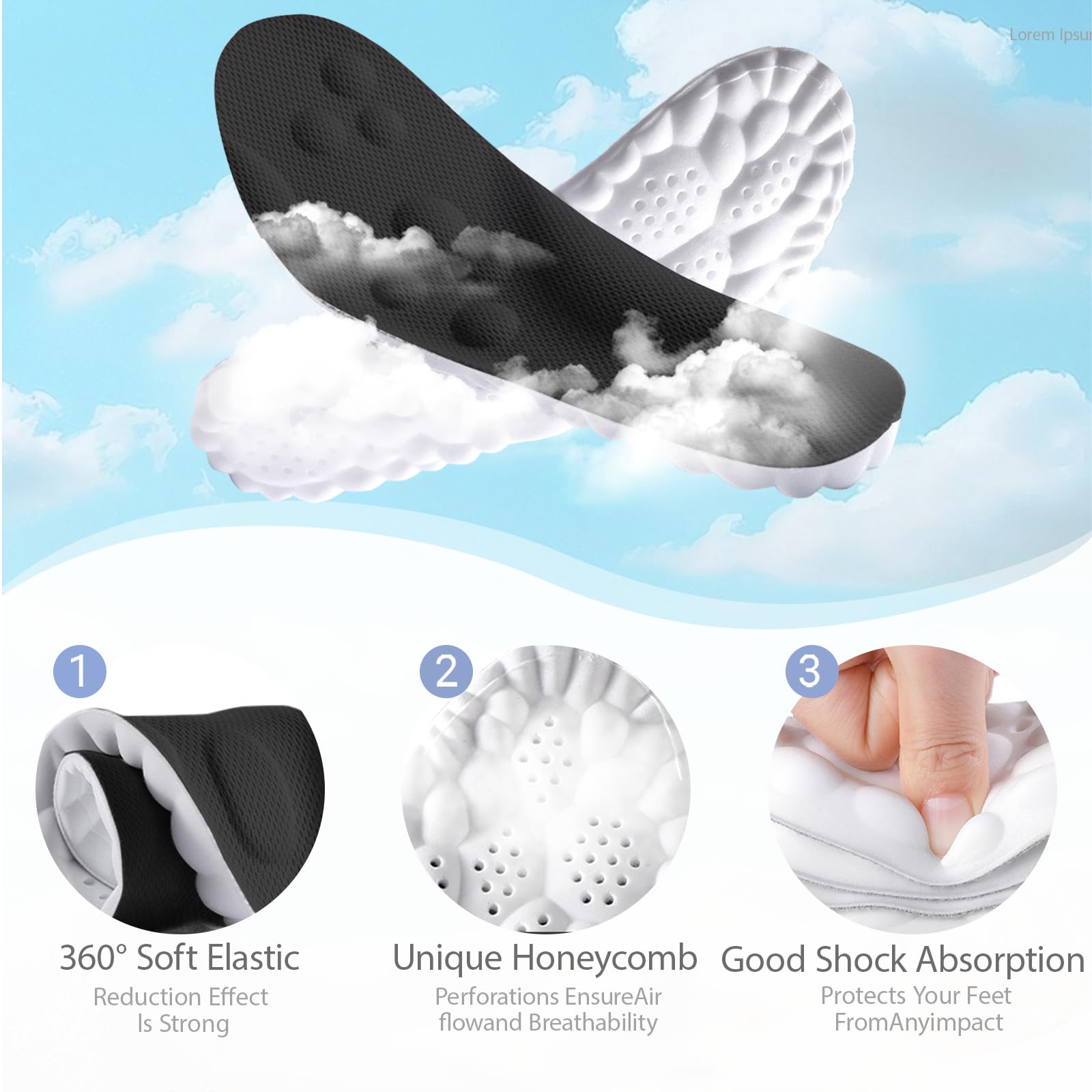 4D Cloud Insoles for Men and Women Memory Foam Cloud Insoles Super Soft Anti-Fatigue, Shock Absorption, Relieve Foot Pain, (Black, Men: US 7-11)