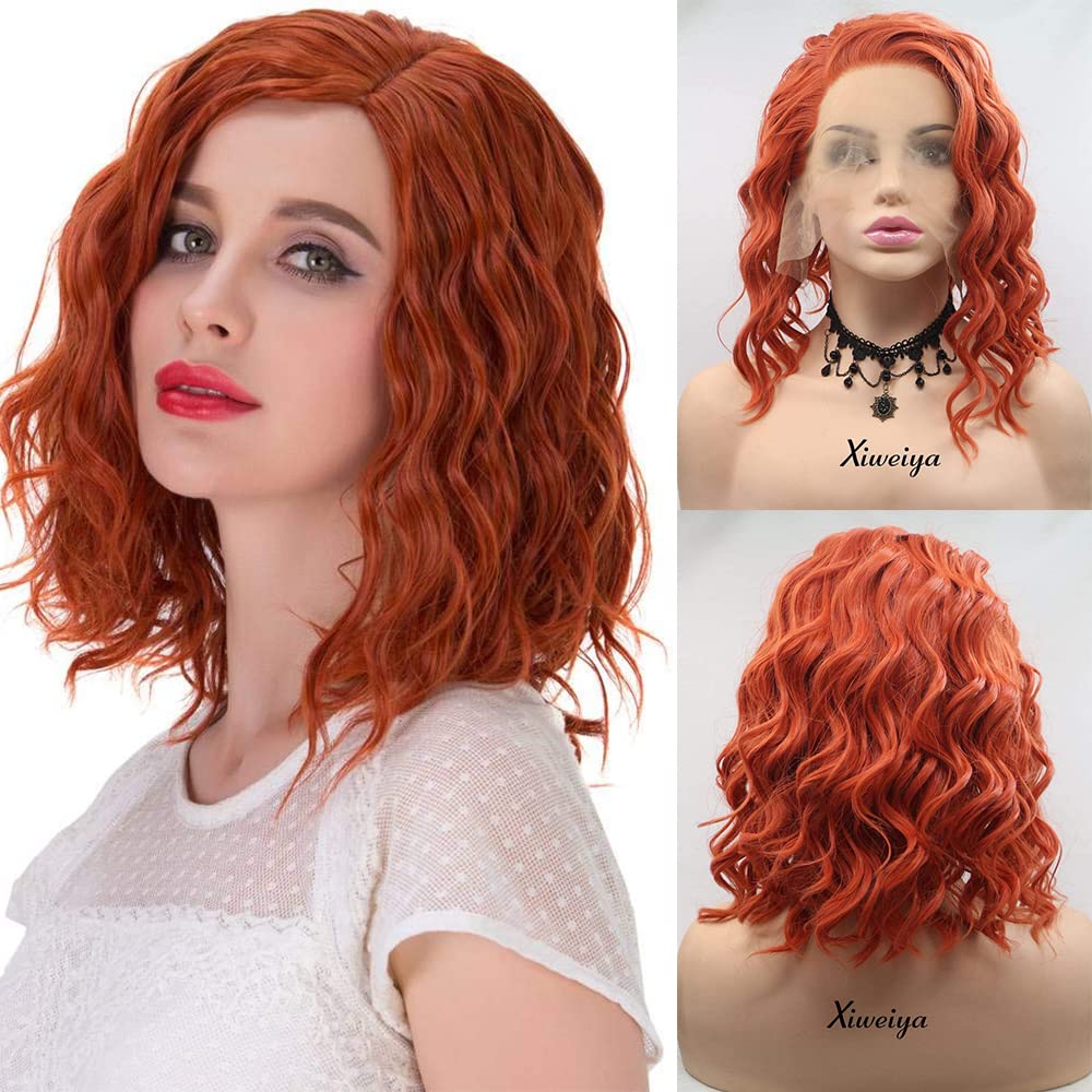 Xiweiya Red Orange Bob Lace Front Wig Short Loose Wavy Orange Ginger Wigs Heat Resistant Fiber Short Wig For Women 14inch โ image 1