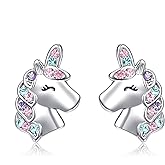 UNGENT THEM Silver Unicorn Stud Earrings for Little Girls Hypoallergenic CZ Lovely Gifts Daughter Birthday