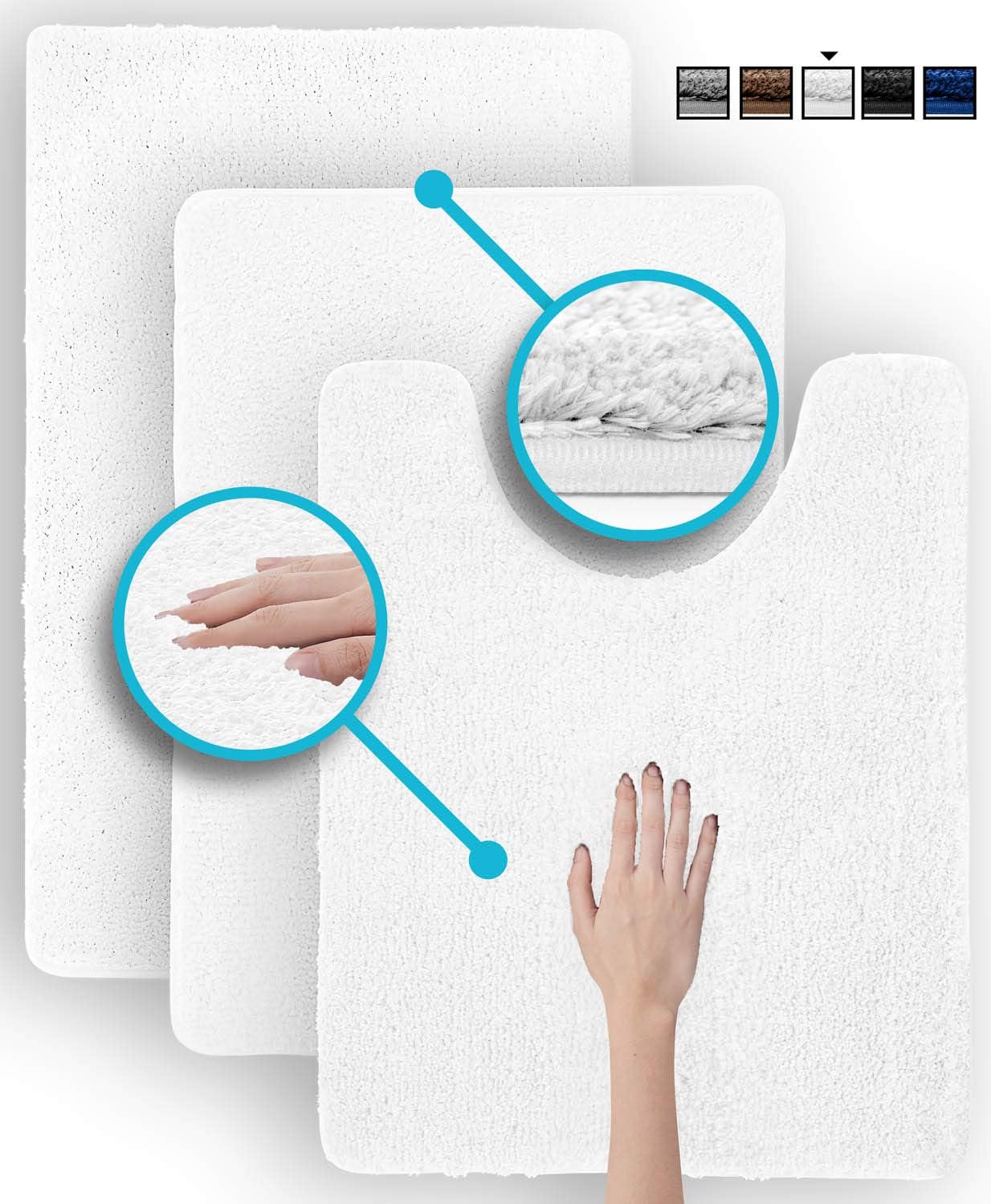 Luxe Rug White Plush Bathroom Rugs Bath Shower Mat Set w Non Slip Microfiber Super Absorbent Rug Alfombras para Baños (3, White): Home & Kitchen