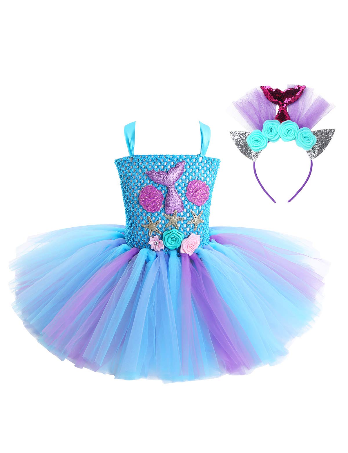 Freebily Baby Girls Mermaid Handmade Mesh Tutu Dress with Headband for Halloween Carnival Party Fancy Outfits Light Blue 4-5 Years