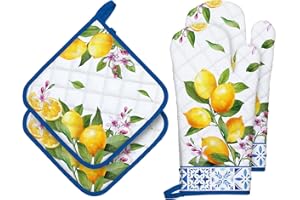 Arquiel Summer Lemon Oven Mitts and Pot Holders Sets 4Pcs, 100% Cotton Heat Resistant, Extra Long Oven Gloves Potholder for K