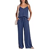 Caracilia Women Summer 2 Piece Lounge Sets Outfits Casual Matching Tank Top Wide Leg Pants Set Travel Beach Vacation Clothes