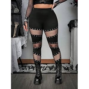 Women's Punk Gothic Leggings High Waisted Fishnet Cutout Pants with Grommet Straps Rave Festival Trousers