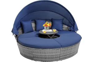 COSTWAY Patio Round Daybed with Retractable Canopy, Wicker Furniture Sectional Couch with Separate Cushioned Seats, Adjustable Table Top, Patio Rattan Daybed Set for Patio, Backyard, Poolside (Navy)
