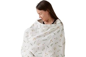 TILLYOU Muslin Nursing Cover for Baby Breastfeeding, 100% Cotton Breathable with Arch Neckline for Women, Daisy