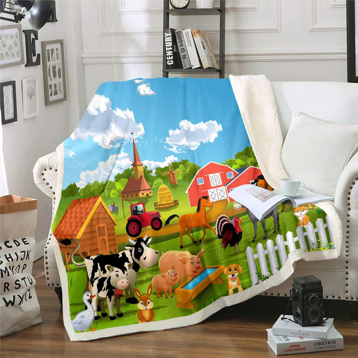 Loussiesd Kids Fleece Throw Blanket Cartoon Farmhouse Sherpa Blanket Cute Dog Cat Rabbit Cow Boys Girls Plush Blanket Animal Nature Country Style Fuzzy Blanket for Sofa Bed Couch Double 60x79 Inch