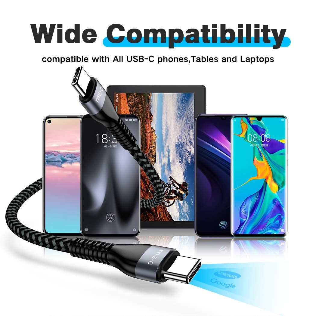 Short USB C to USB C Cable [2 Pack 1ft], AOJI USB-C to USB-C Fast Charger Nylon Braided Charging Cord Compatible with Samsung Galaxy Note 10 Plus A80, Google Pixel 2/3/3a XL, MacBook,iPad pro