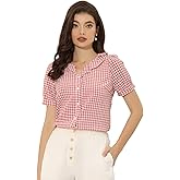 Allegra K Plaid Blouse for Women's Puff Sleeve Ruffle Peter Pan Collar Shirt Top