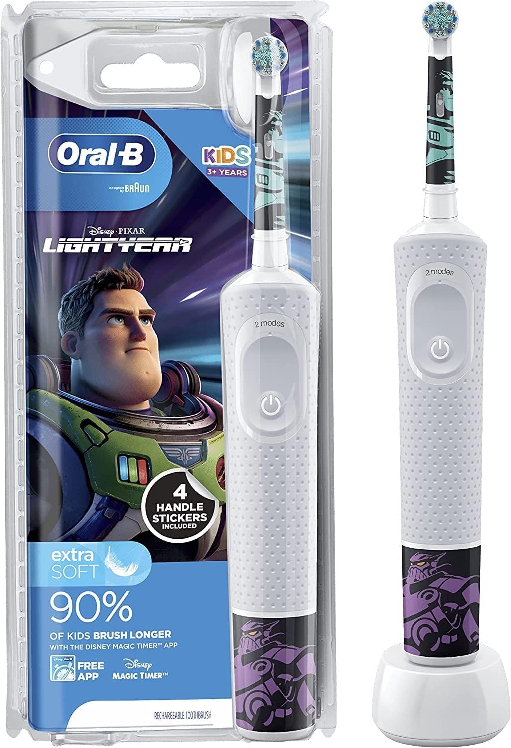 Oral-B Kids Electric Toothbrush, Christmas Gifts For Kids, 1 Toothbrush Head, x4 Disney Lightyear Stickers, 2 Modes with Kid-Friendly Sensitive Mode, For Ages 3+, 2 Pin UK Plug, White