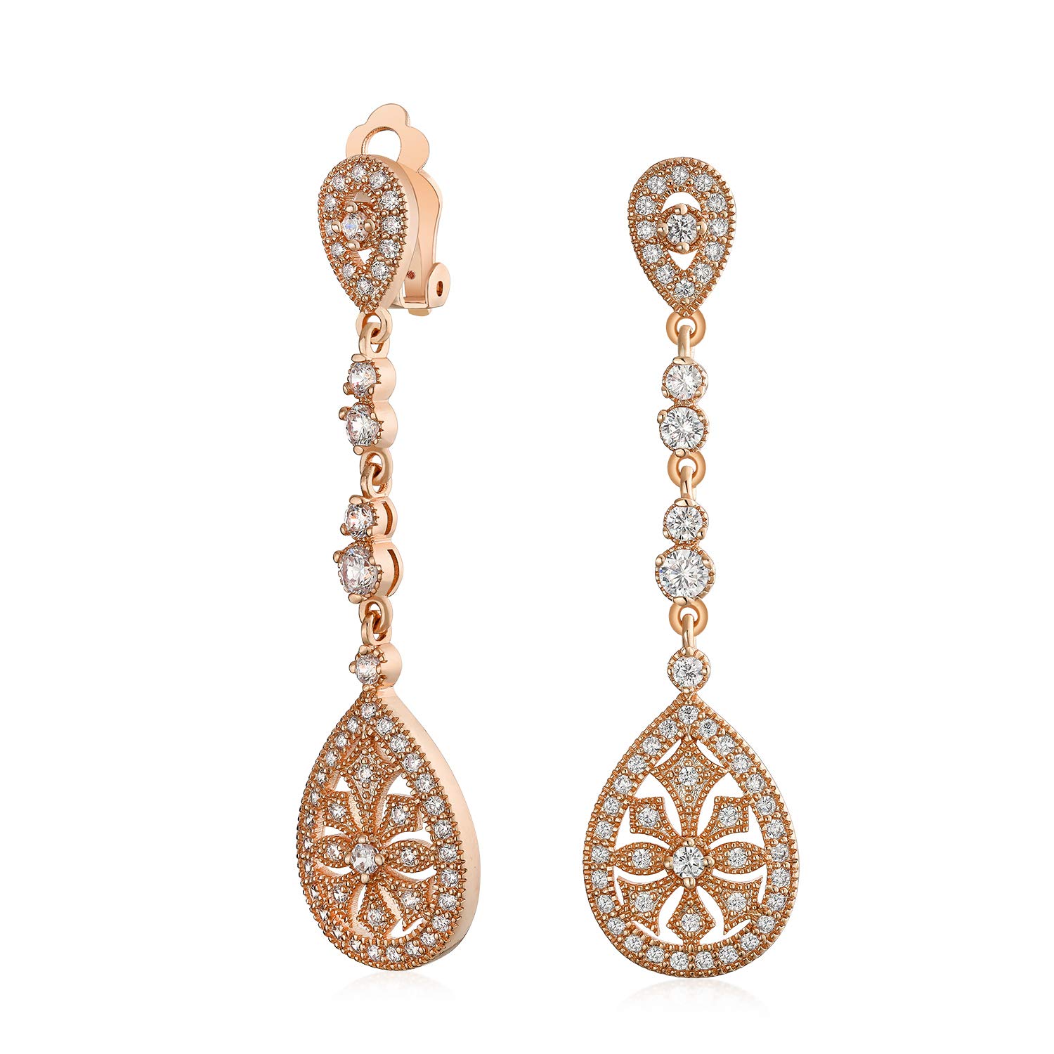 Art Deco Style Bridal Teardrop Cubic Zirconia Prom Statement Dangle Chandelier Earrings Rose Gold Plated Brass