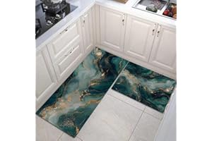 2 Piece Set Abstract Fluid Art Kitchen Mats for Floor Anti Fatigue Kitchen Rugs Green Marble Pattern Kitchens Runners for Sta