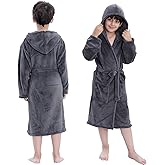 Hooded Herringbone Boy's Fleece Soft Spa Kimono Long Robe, Kids Comfy Sleepwear Bathrobe