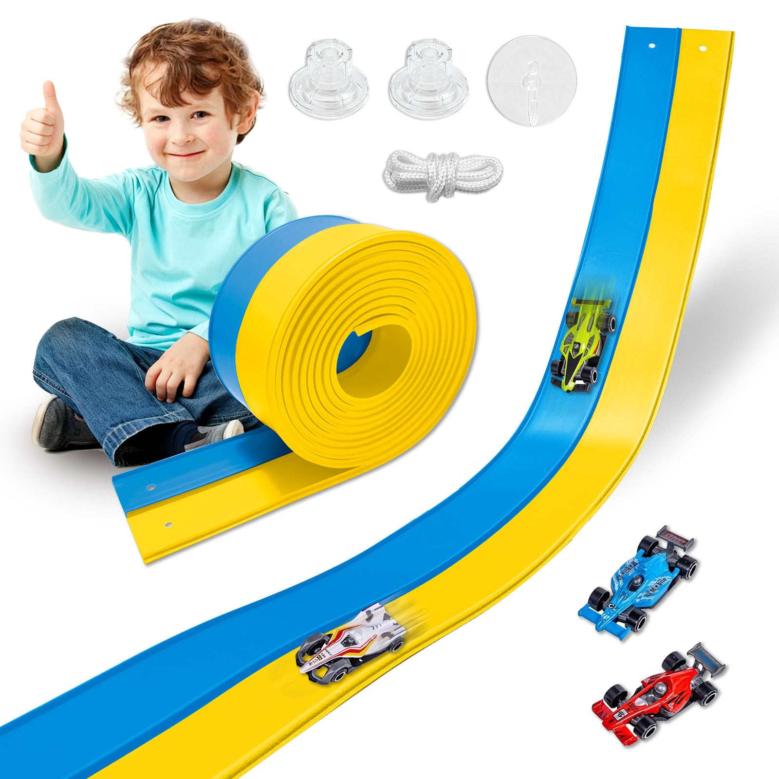 Flexible Race Track Toys for Kids 15 Ft with 4 Cars & Suction Cups, Portable Double Lane Racetrack Compatible with Hot Wheels & 1/64 Diecast Cars, Fun Car Ramp Track Set (Yellow+Blue, 15 Ft) — image 1