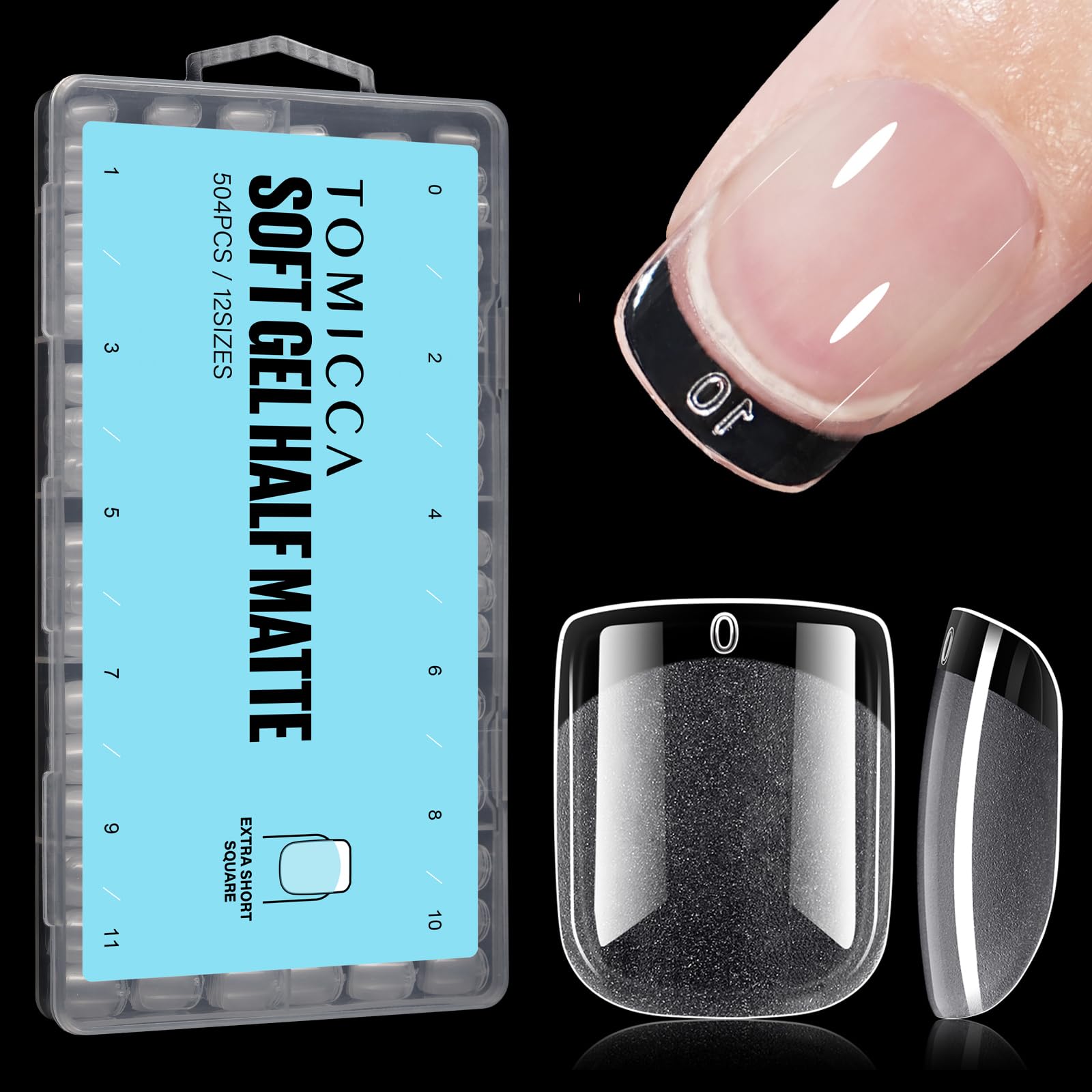 TOMICCA Extra Short Square Shaped Nail Tips - 504PCS Half Matte Soft Gel, No File Needed- Full Cover False Nails, Clear Acrylic & Strong Tips for Press On Extension - 12 Sizes — image 1