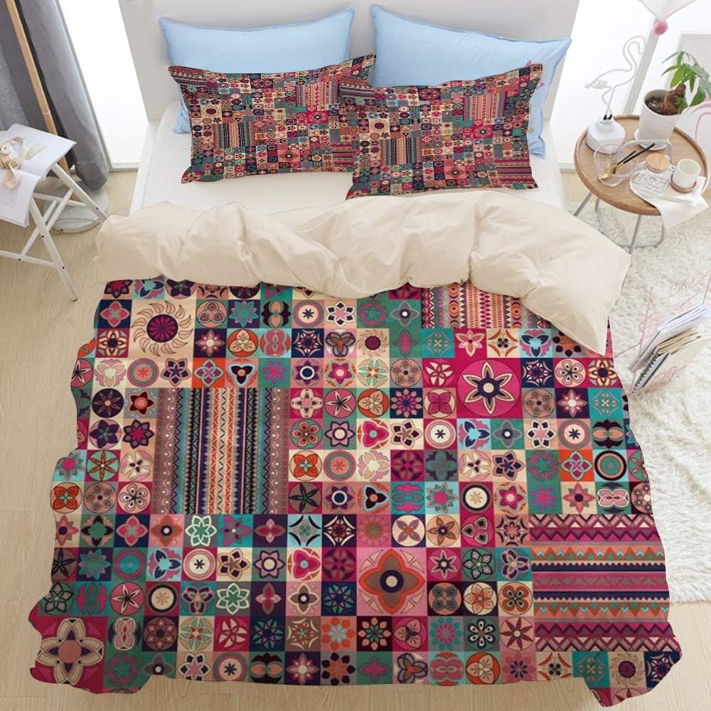 NUXIANY Beige Duvet Cover,Moroccan Patchwork Floral Geometric Pattern Moroccan Tiles Traditional Arabic Original Tunisian,Soft Lightweight Quilt Luxury for Bedroom Decoration,King Size 104" 88"