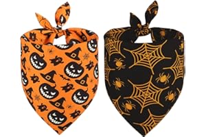 Doncida Halloween Dog Bandanas 2 Pack, 4 Pattern Reversible Triangle Halloween Pumpkins Cobwebs Scarf for Large and Extra Large Dogs, Premium Durable Fabric for Boy and Girl Pets XL