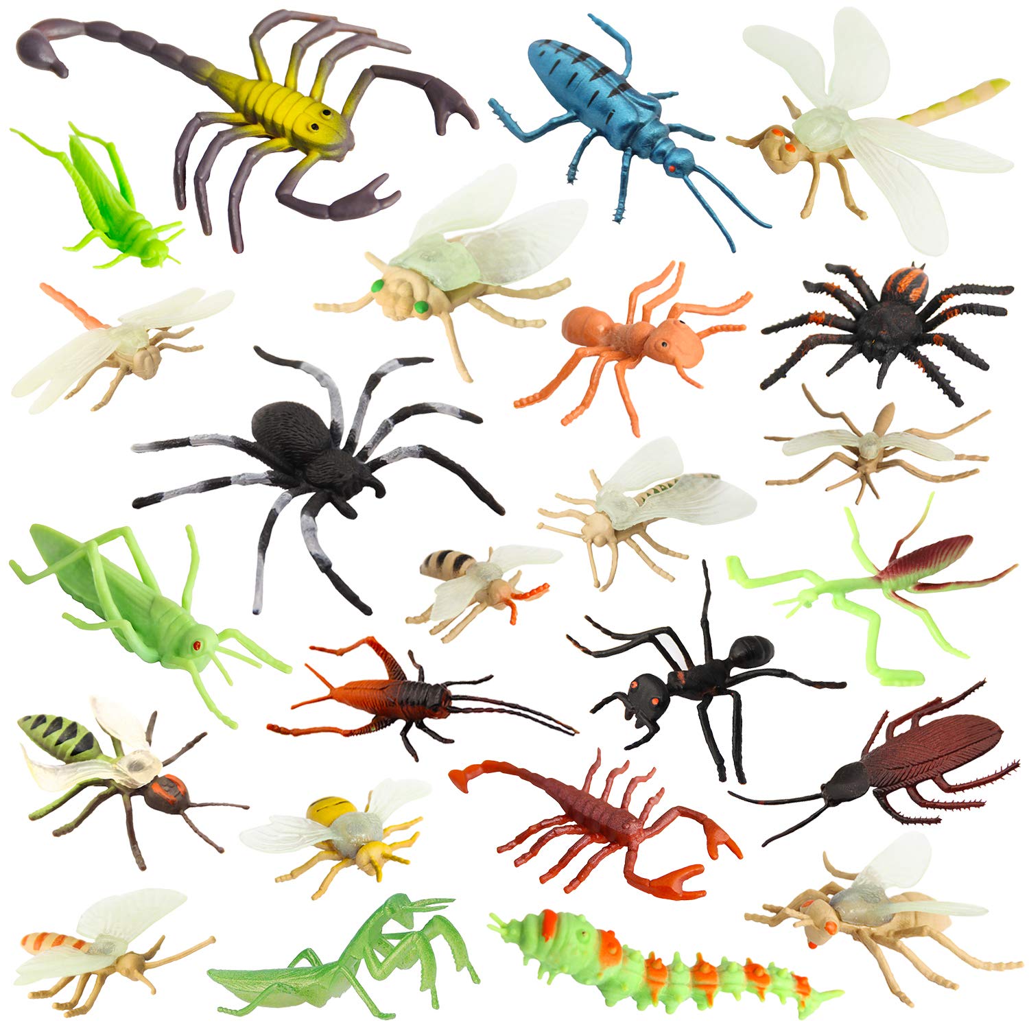 Pinowu Insect Toy Figures for Kids Boys (24 Pack), 2-4" Fake Bugs - Spiders, Cockroaches, Scorpions, Crickets, Lady Bugs, Mantis and Worms for Education and Christmas Party Favors
