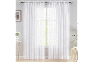White Sheer Curtains Embroidery 72 Inch Length Rod Pocket Voile Drapes for Living room, Bedroom, Outdoor, Nursery Curtain Sem