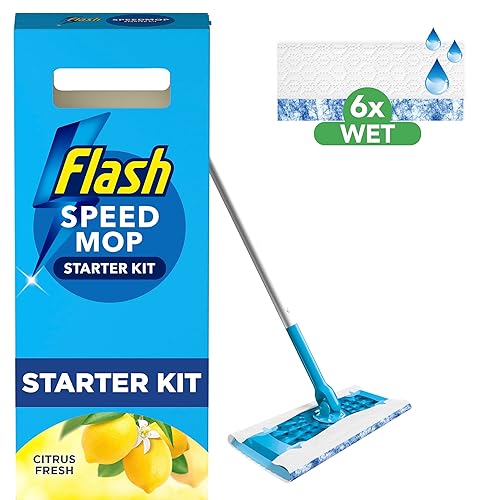 Flash Speedmop Wet Mop Floor Cleaner Starter Kit For Cleaning Floors With Scrubbing Action, Includes 1 Handle & 6 Wet Refills