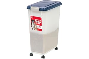 IRIS USA Airtight Dog Food Storage Container, Up to 38 lbs, Attachable Wheels, For Dog Cat Bird and Other Pet Food Storage Bin, Keep Fresh, Easy Mobility, BPA Free, Navy/Pearl