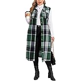 ZOMVA Plus Size 1X-5X Flannel Plaid Long Midi Vest with Pockets Button Down Sleeveless Shacket Coats Fall Outfits Jackets