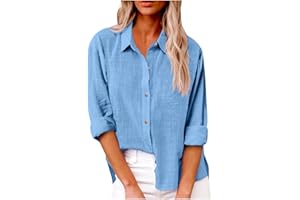 Long Sleeve Lapel Tops for Women - Cotton Linen Single Breasted Shirt with Pocket, Oversized Blouse for Workwear