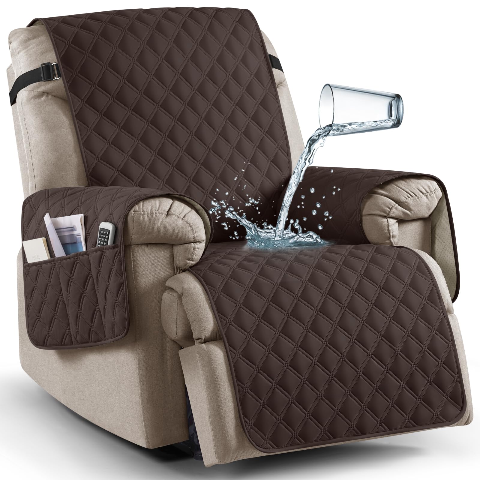 Ruaozz 100% Waterproof Recliner Chair Covers, Non-Slip Reclining Covers for Recliner Chair Washable Chair Cover, Recliner Covers with Pockets for Kids, Dogs, Pets (Chocolate, 25'')