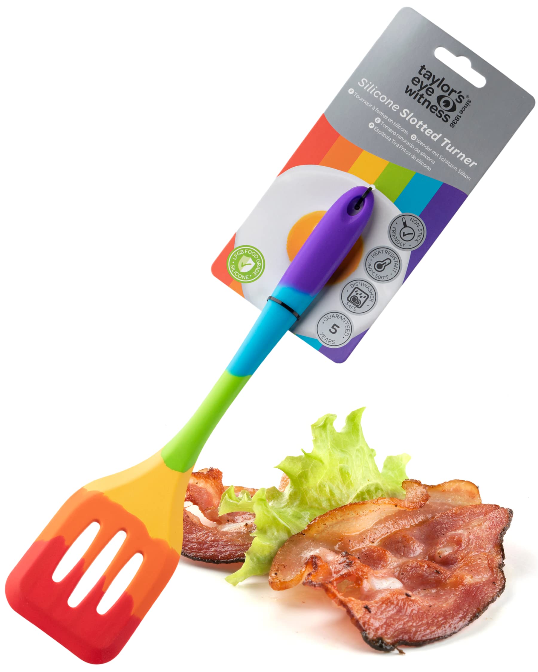 Taylors Eye Witness Large Silicone Rainbow Slotted Spatula - Dishwasher Safe. Perfect for Non-Stick Frying Pans. Slotted for Drainage. Odour, Stain & Heat Resistant (260°C/500°F). 5 Year Guarantee