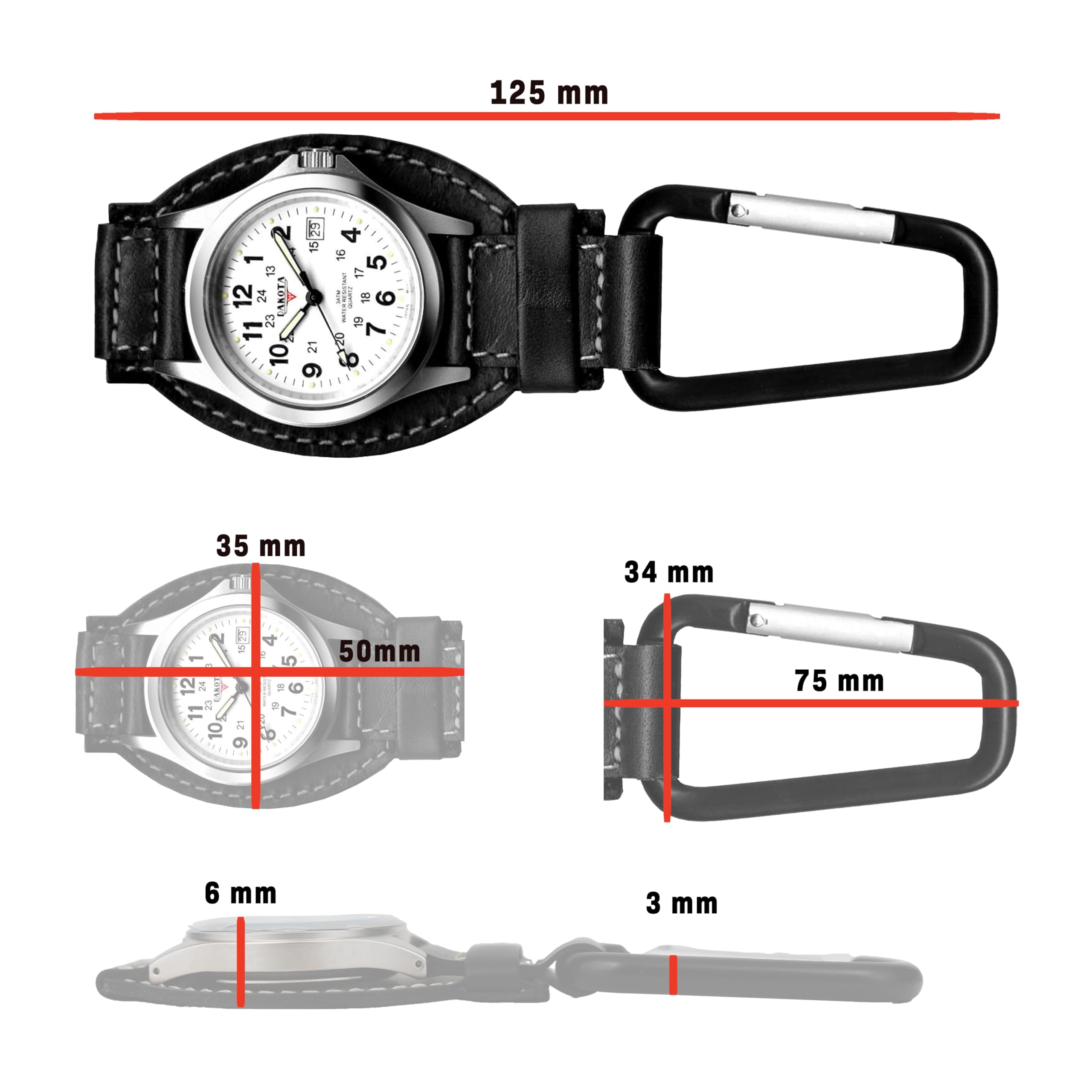 Dakota Leather Field Clip, Clip Watch, Leather Fob Strap, Lightweight Dress Pocket Watch, Outdoor Gifts for Men and Women, Use for Fishing, Golf and More