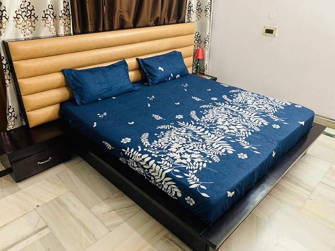 Reliable Trends Polycotton Floral Queen Size Elastic Fitted Bedsheets (Dark Grey)