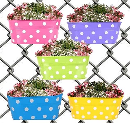 Collectible India Metal Dotted Oval Hanging Railing Pots Flower Bucket Planter Wall Fence Balcony Garden Patio Planters(Green, 1 Pcs)