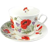 Roy Kirkham English Meadow Poppy Flower Breakfast Teacup and Saucer Set Fine Bone China