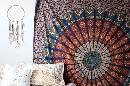 Textile Export Cotton Double Bed Double Hippie Bohemian Throw Wall Hanging Indian Bedspread Tapestry- Multicolor